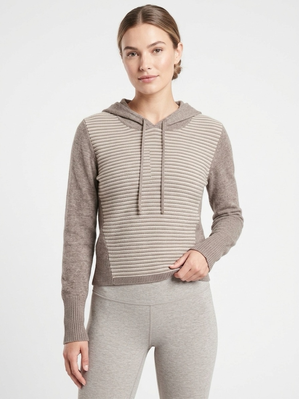 Athleta Merino Noe Hooded Sweater Thumbholes Striped Wool Taupe Cream M